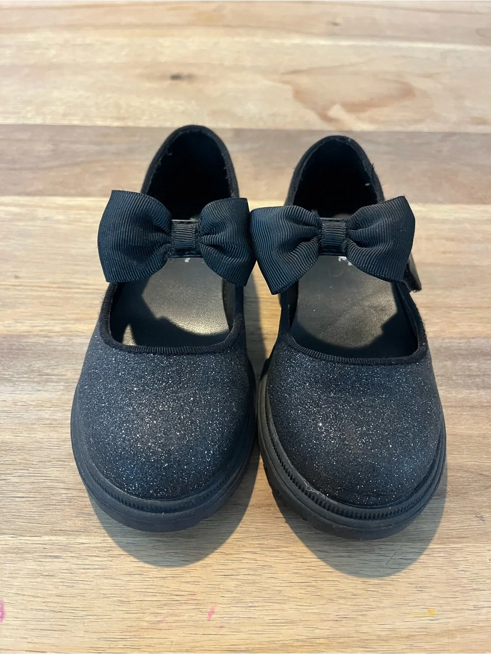 Girls' Black Glitter Mary Jane Shoes with Bow Accent